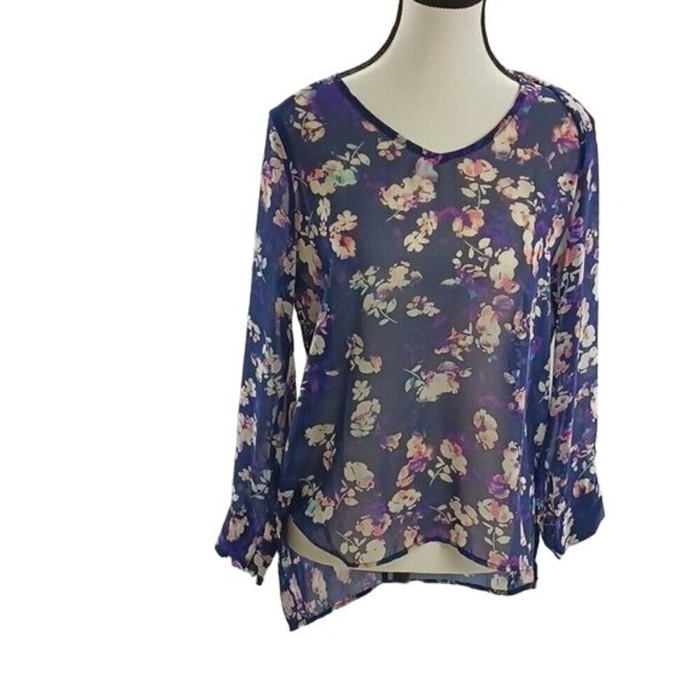 The Limited Blouse Womens S Purple Floral Sheer Long Sleeve High Low Dressy Top